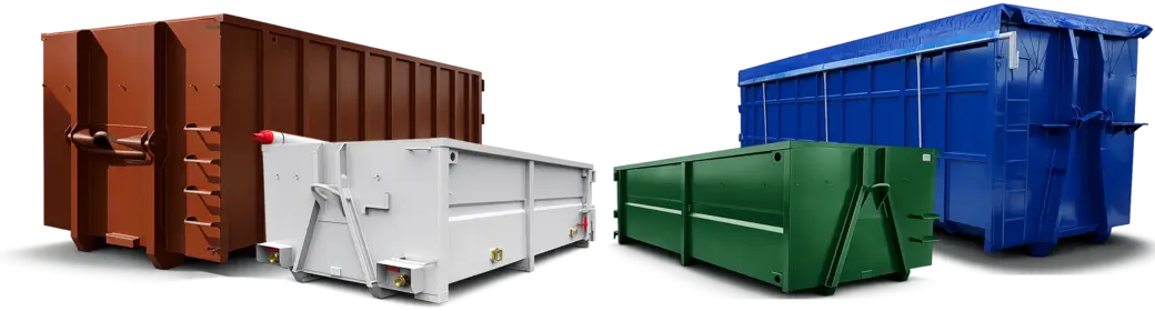 Grupa kontenerów hakowych z plandeką i bez